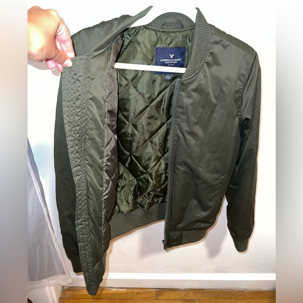 American Eagle olive green bomber jacket.